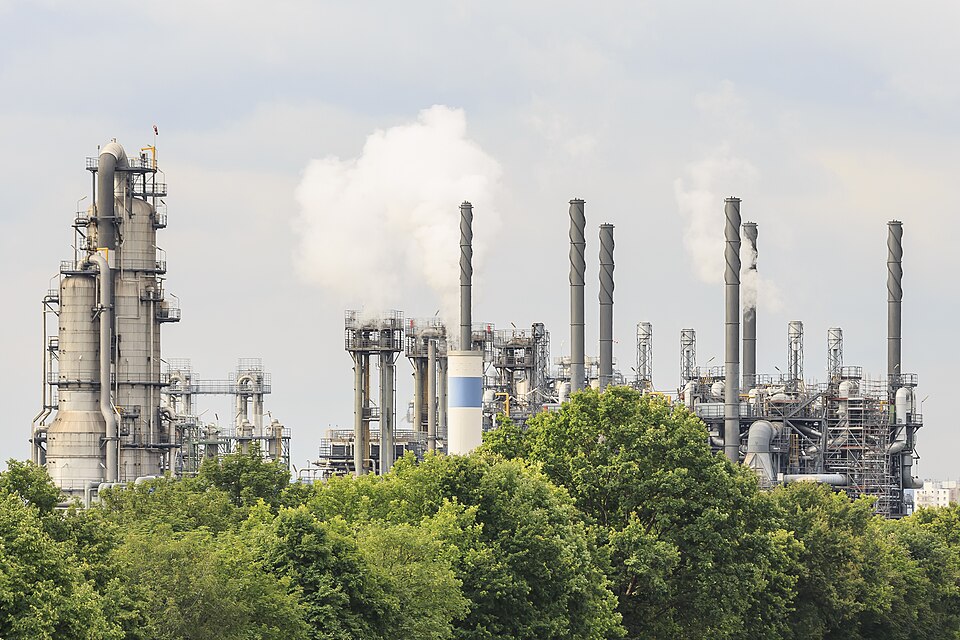 Industrial distillation columns at a chemical plant in Wesseling, Germany