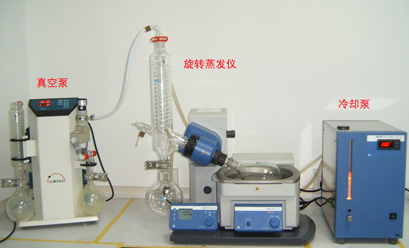 A laboratory rotary evaporator, used to exploit vapor pressure at reduced pressure to distill a solvent at lower temperature